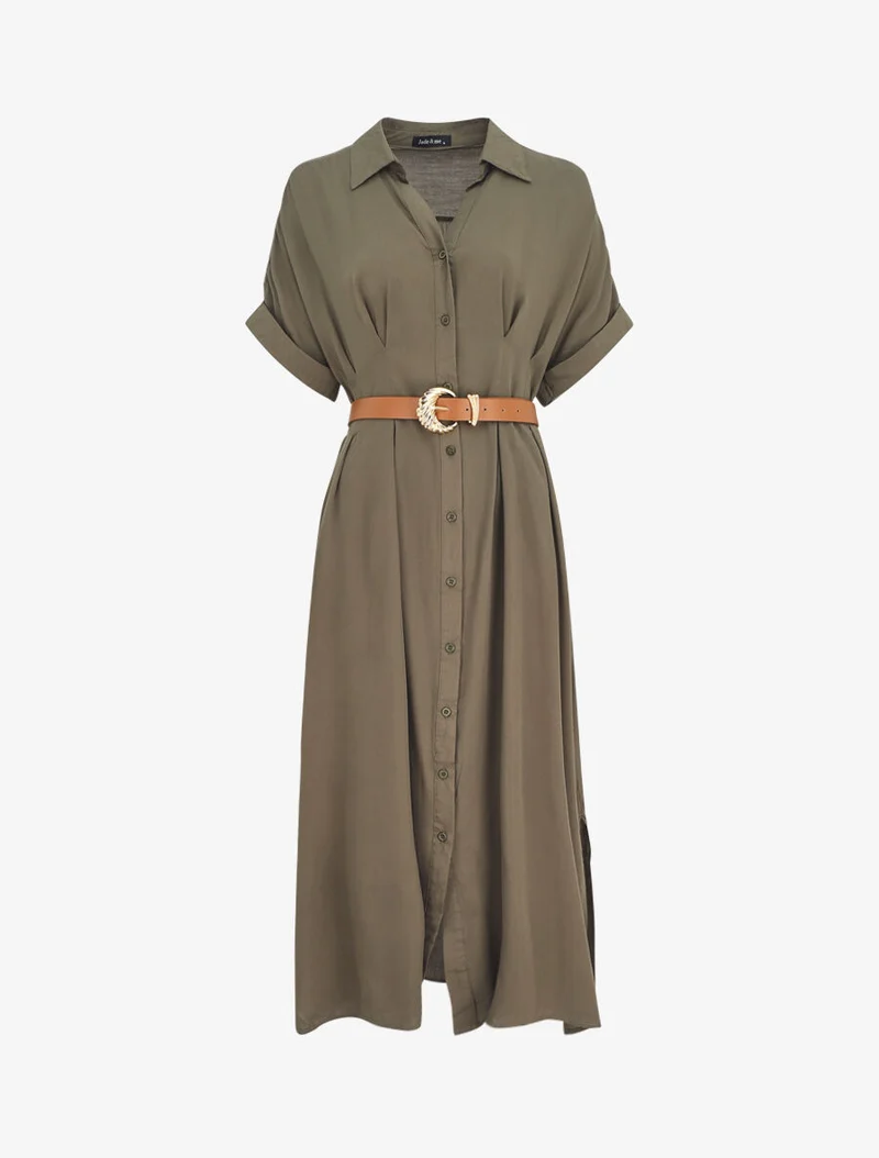 Langes Hemdkleid mit Gürtel - Kaki