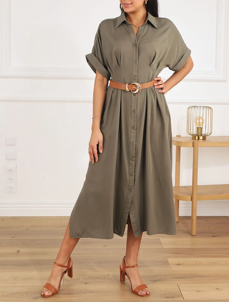 Langes Hemdkleid mit Gürtel - Kaki