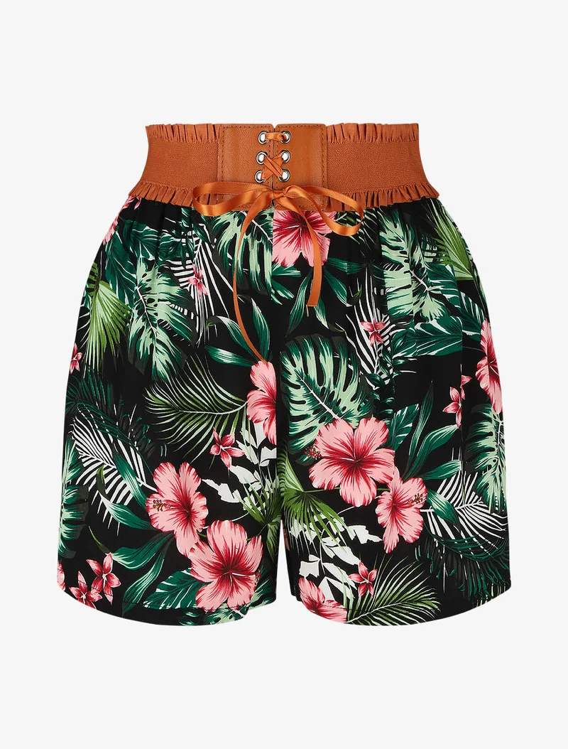 Taillenhose im Korsettstil mit Blumenmuster - Schwarz