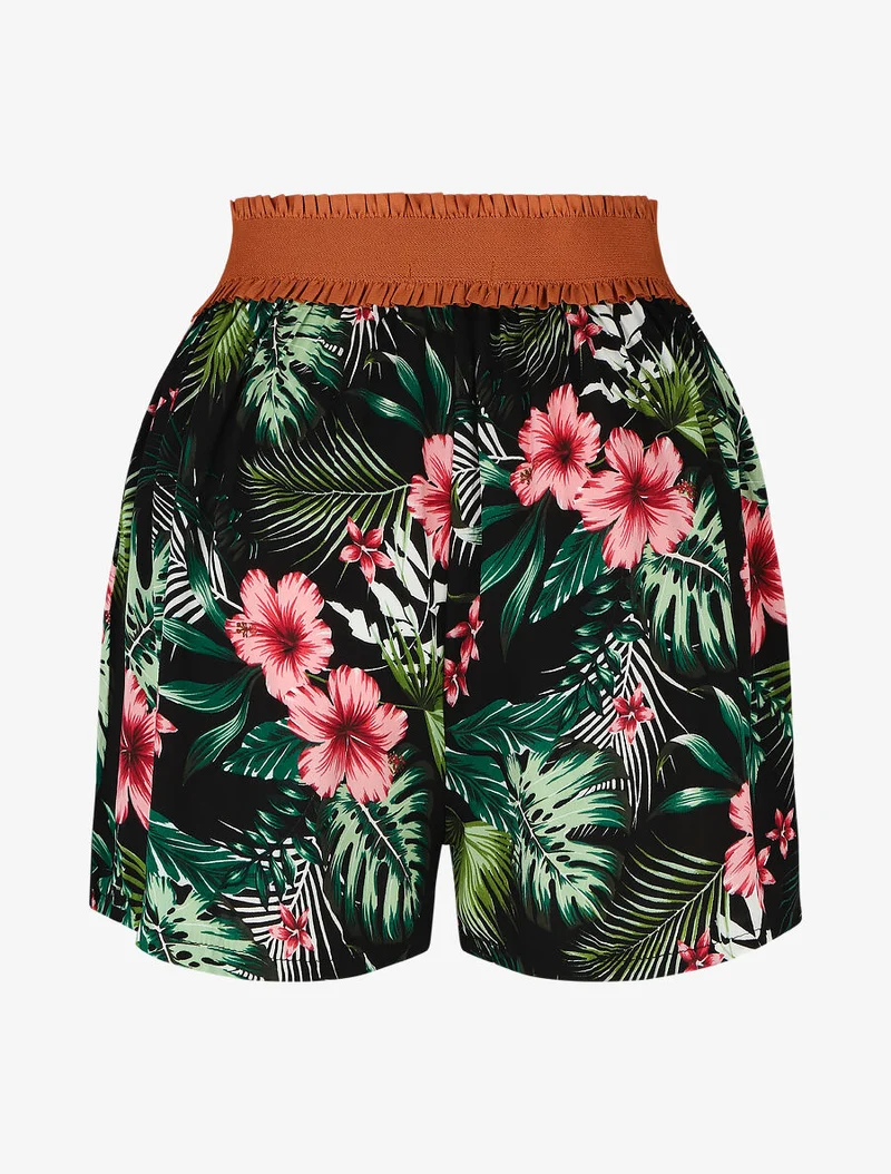 Taillenhose im Korsettstil mit Blumenmuster - Schwarz
