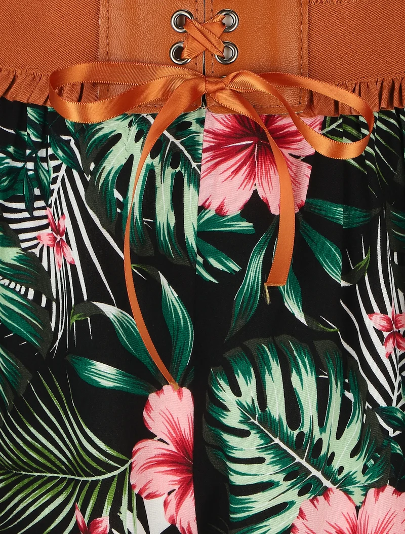 Taillenhose im Korsettstil mit Blumenmuster - Schwarz