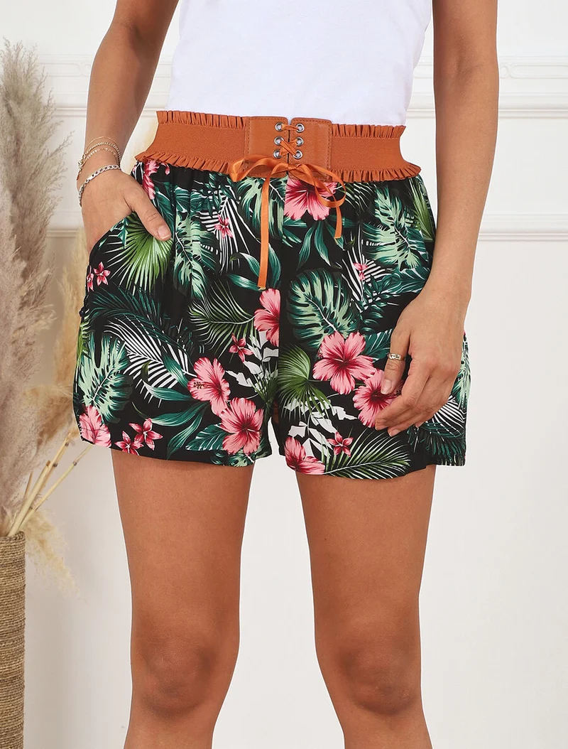 Taillenhose im Korsettstil mit Blumenmuster - Schwarz