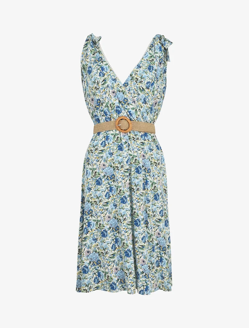 Ärmelloses, knielanges Kleid mit Wildblumenmuster - Blau