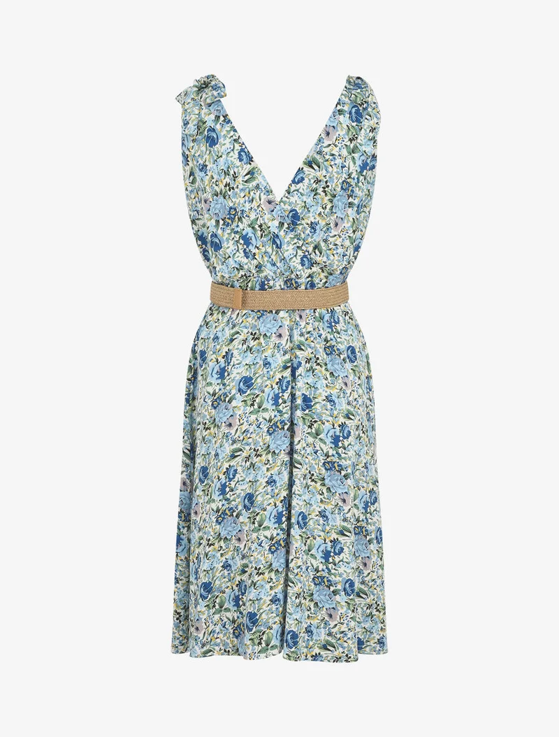 Ärmelloses, knielanges Kleid mit Wildblumenmuster - Blau