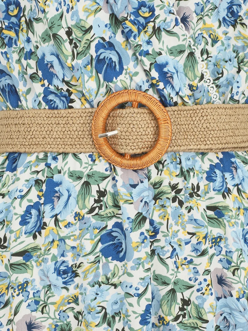 Ärmelloses, knielanges Kleid mit Wildblumenmuster - Blau