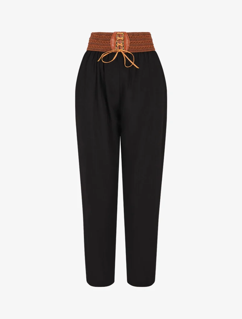 Fließende Hose mit hoher Taille im Korsettstil - Schwarz