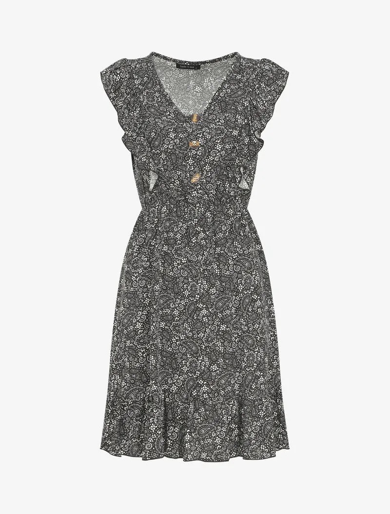 Knielanges Kleid mit Rüschen und Paisley-Print - Schwarz
