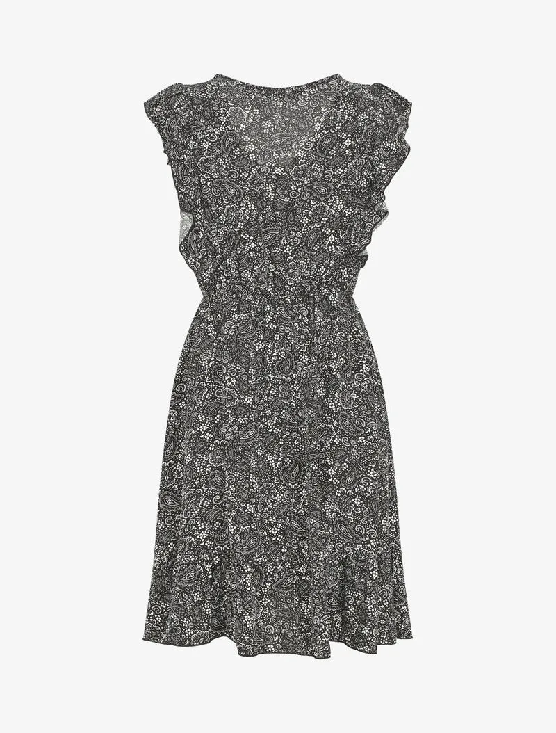 Knielanges Kleid mit Rüschen und Paisley-Print - Schwarz