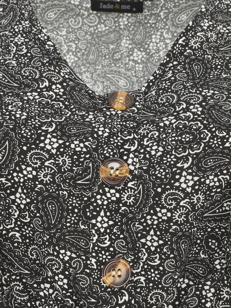 Knielanges Kleid mit Rüschen und Paisley-Print - Schwarz