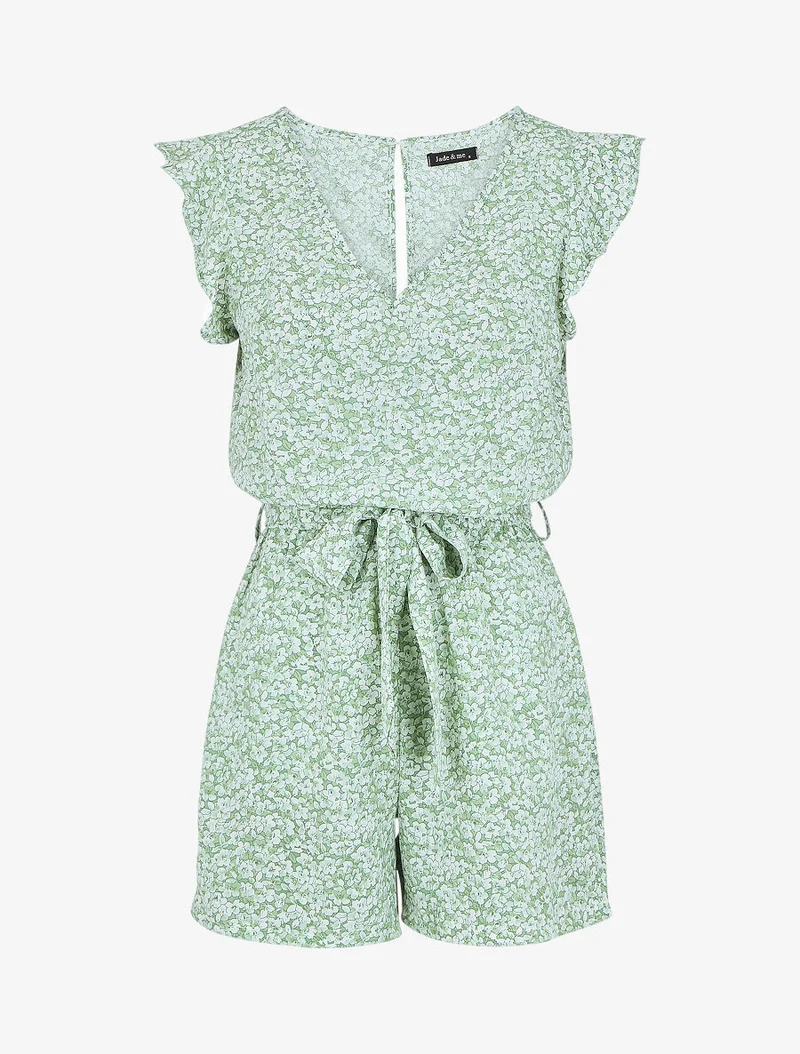 Fließender, geblümter Jumpsuit mit Flügelärmeln. - Grün