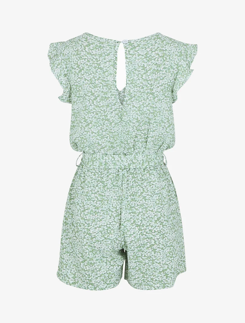 Fließender, geblümter Jumpsuit mit Flügelärmeln. - Grün