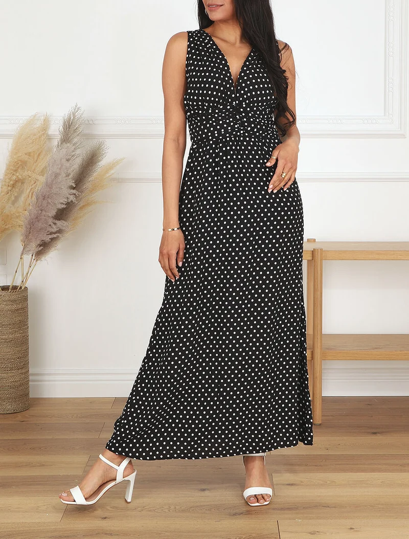 Ärmelloses langes gepunktetes Kleid - Schwarz