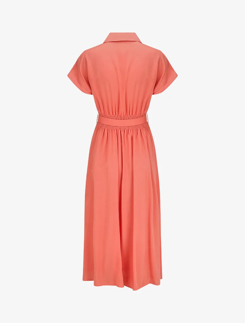 Langes, ausgestelltes, einfarbiges Hemdkleid - Koralle