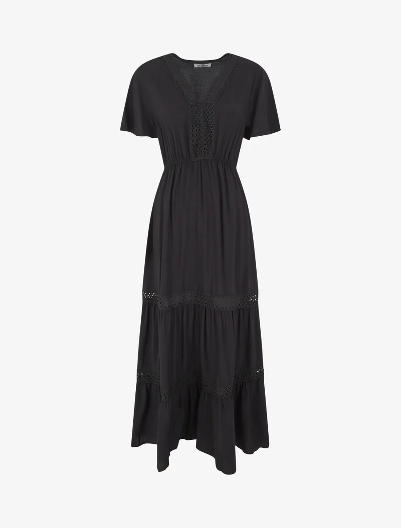 Langes, ausgestelltes Kleid mit Einsätzen aus durchbrochener Spitze - Schwarz