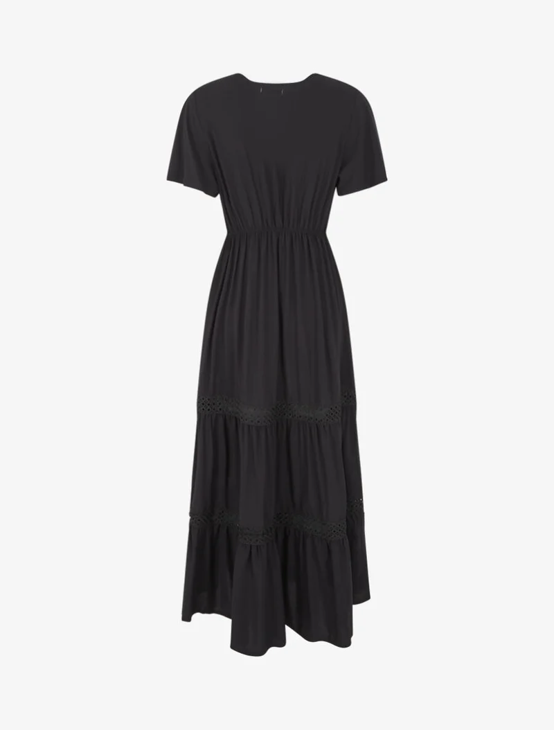 Langes, ausgestelltes Kleid mit Einsätzen aus durchbrochener Spitze - Schwarz