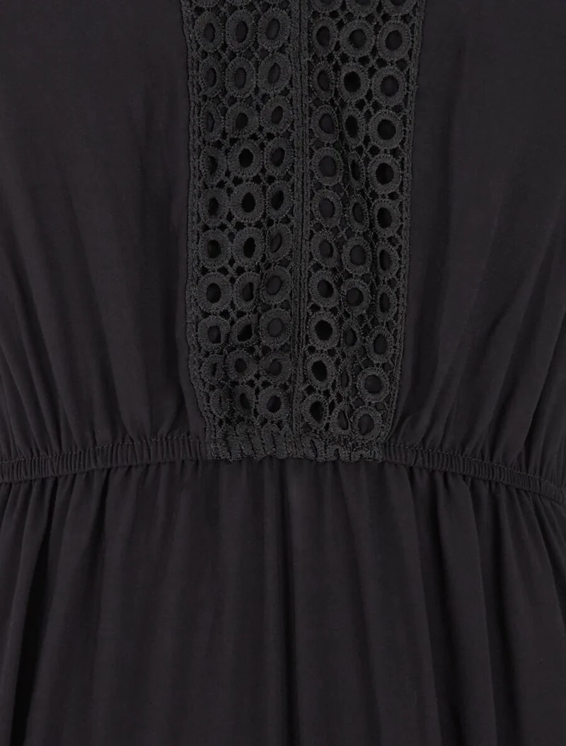 Langes, ausgestelltes Kleid mit Einsätzen aus durchbrochener Spitze - Schwarz