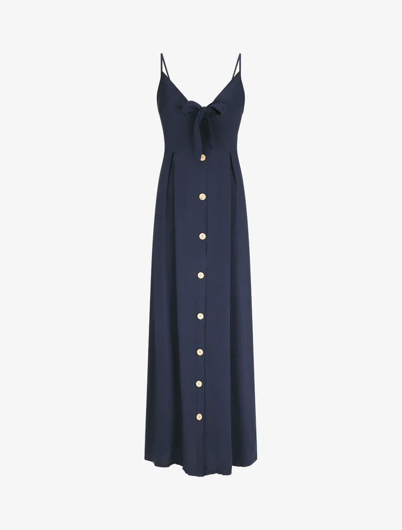Langes, einfarbiges Kleid mit dekorativen Knöpfen - Marine