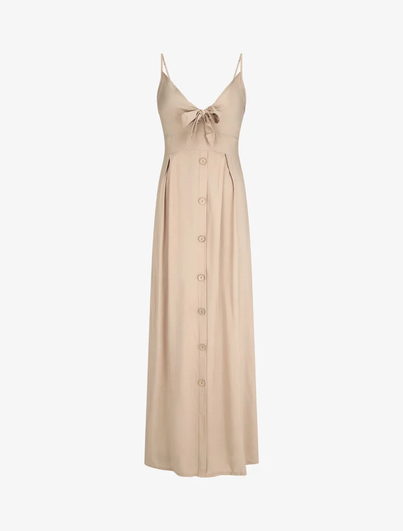 Langes, einfarbiges Kleid mit dekorativen Knöpfen - Beige