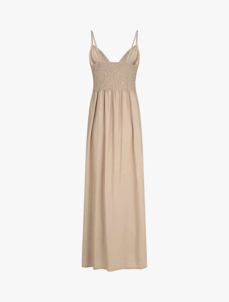 Langes, einfarbiges Kleid mit dekorativen Knöpfen - Beige