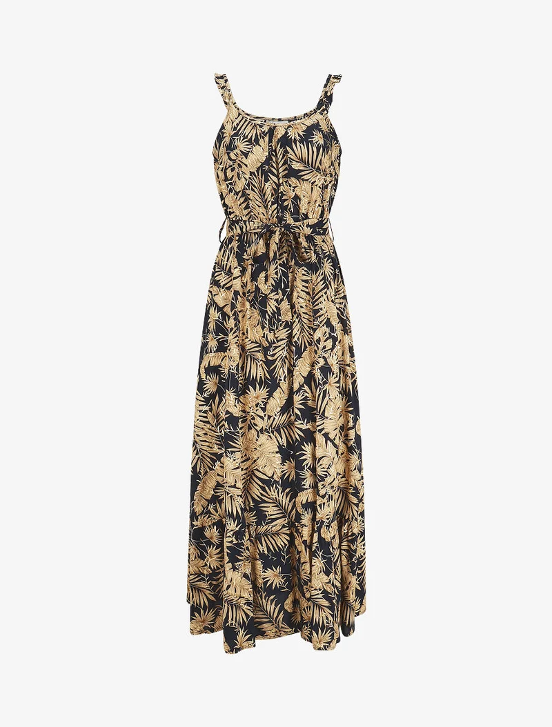 Langes Kleid mit schimmerndem tropischen Print und Trägern - Marine