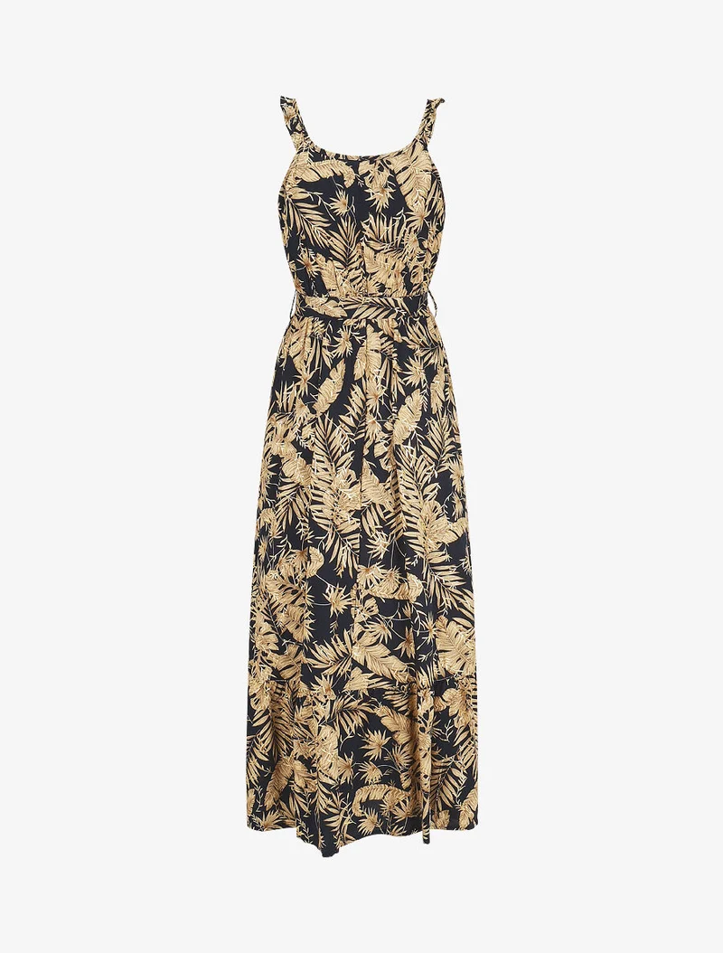 Langes Kleid mit schimmerndem tropischen Print und Trägern - Marine