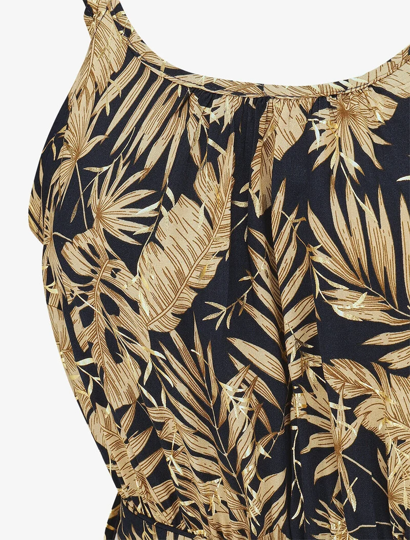 Langes Kleid mit schimmerndem tropischen Print und Trägern - Marine