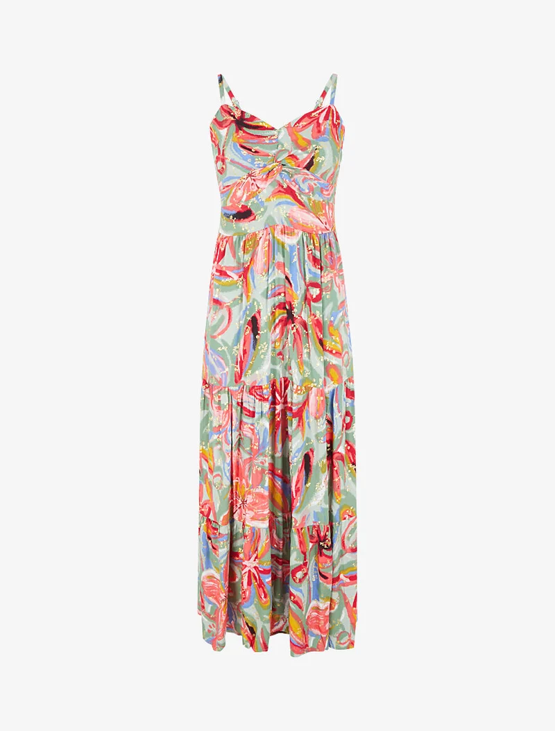 Langes, geblümtes, ausgestelltes Kleid mit schmalen Trägern - Grün/Fuchsia
