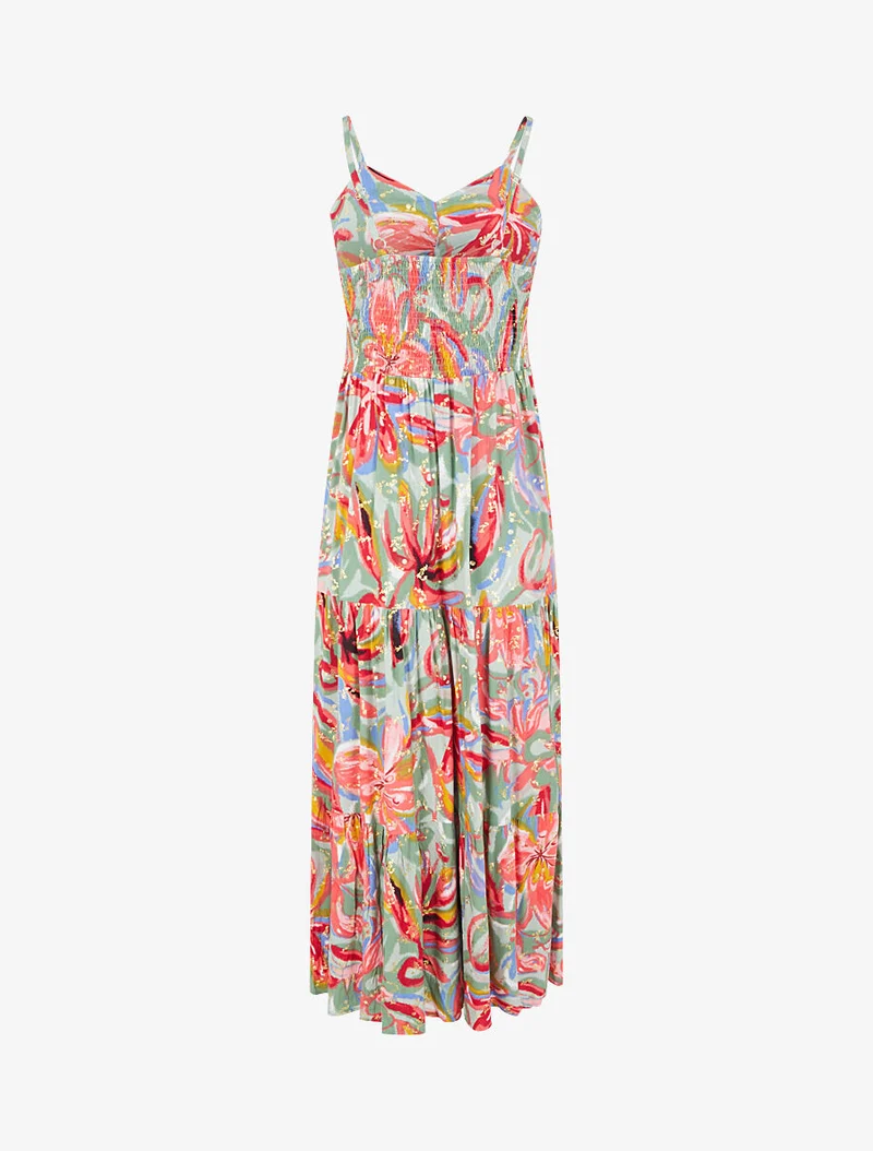 Langes, geblümtes, ausgestelltes Kleid mit schmalen Trägern - Grün/Fuchsia