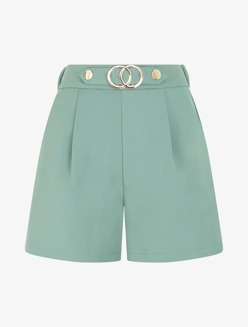 Hoch taillierte Shorts mit Zierschnalle - Grüngrau