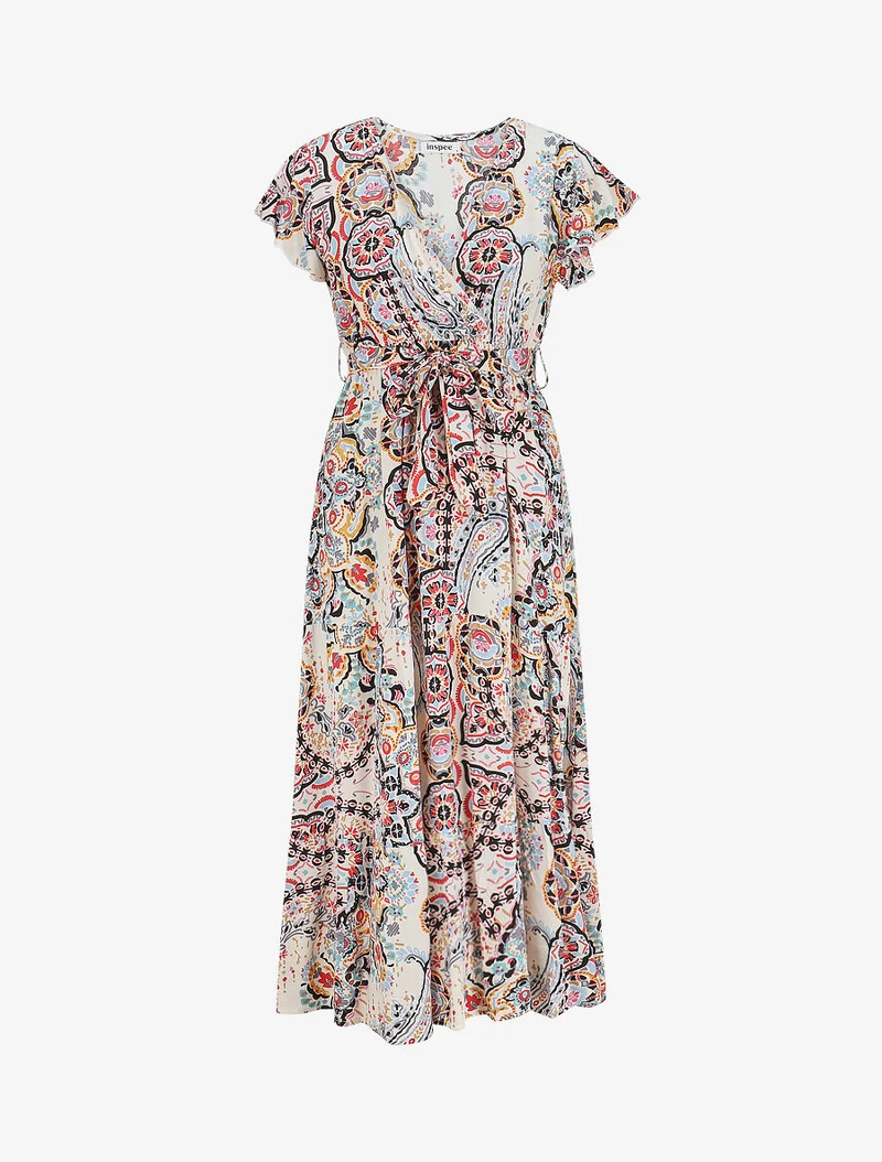 Langes Kleid mit Blumenmuster und Flügelärmeln - Schwarz/Weiß