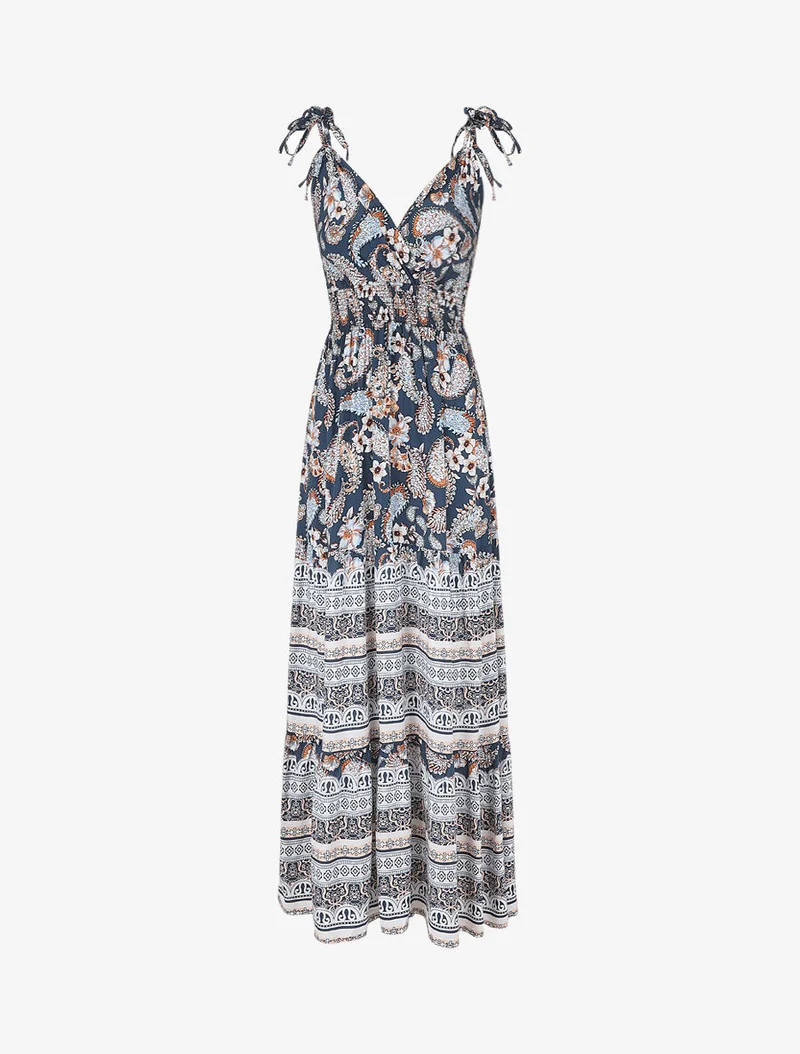 Langes Kleid mit Schal- und Mosaikdruck - Marine