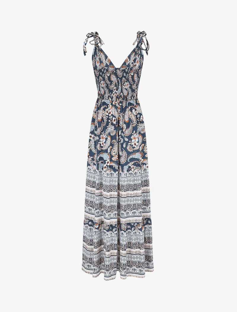 Langes Kleid mit Schal- und Mosaikdruck - Marine