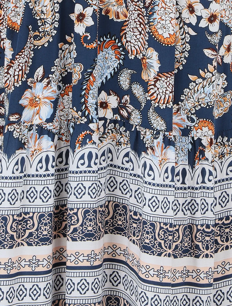 Langes Kleid mit Schal- und Mosaikdruck - Marine