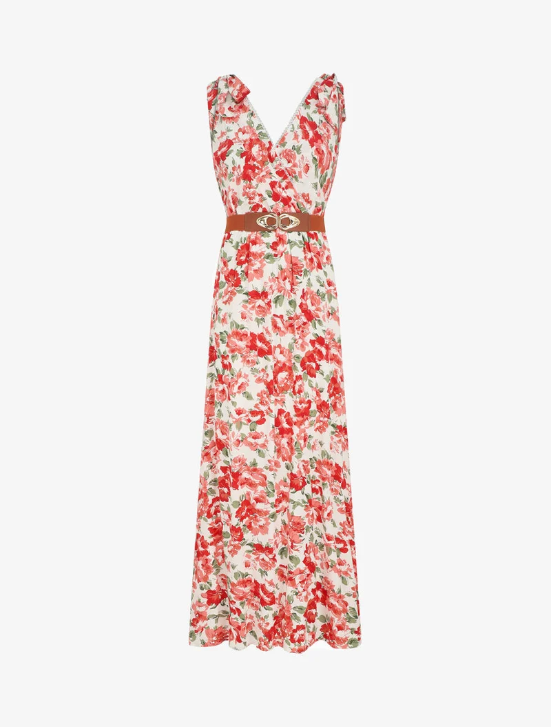 Ärmelloses langes Kleid mit Wildrosen-Print - Rot