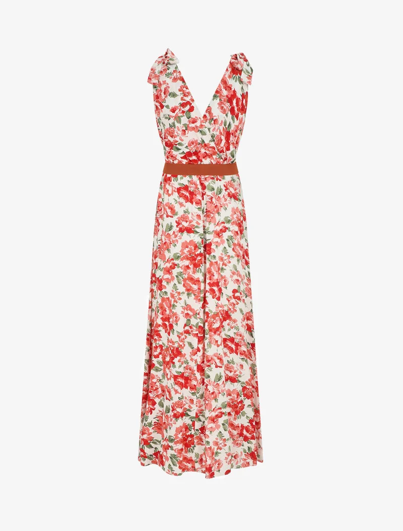 Ärmelloses langes Kleid mit Wildrosen-Print - Rot