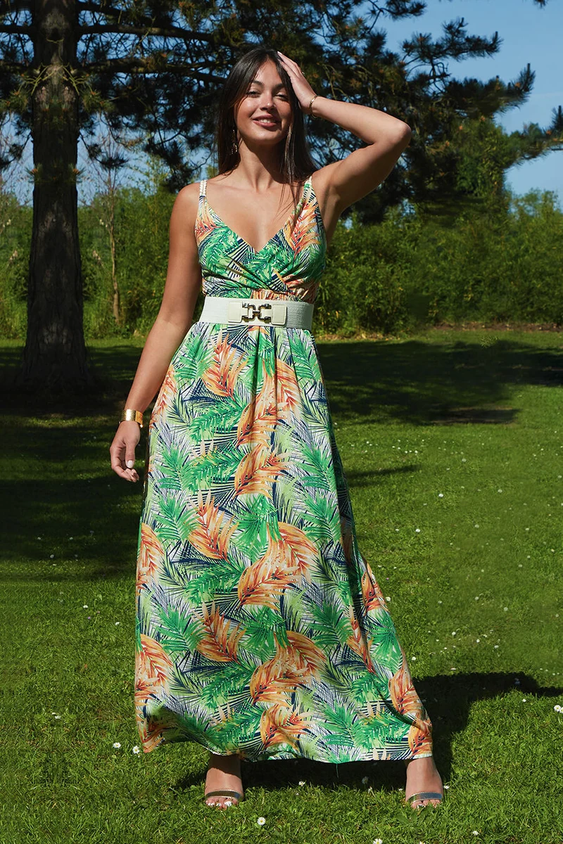 Elastisches langes Kleid mit Blätterdruck - Weiß