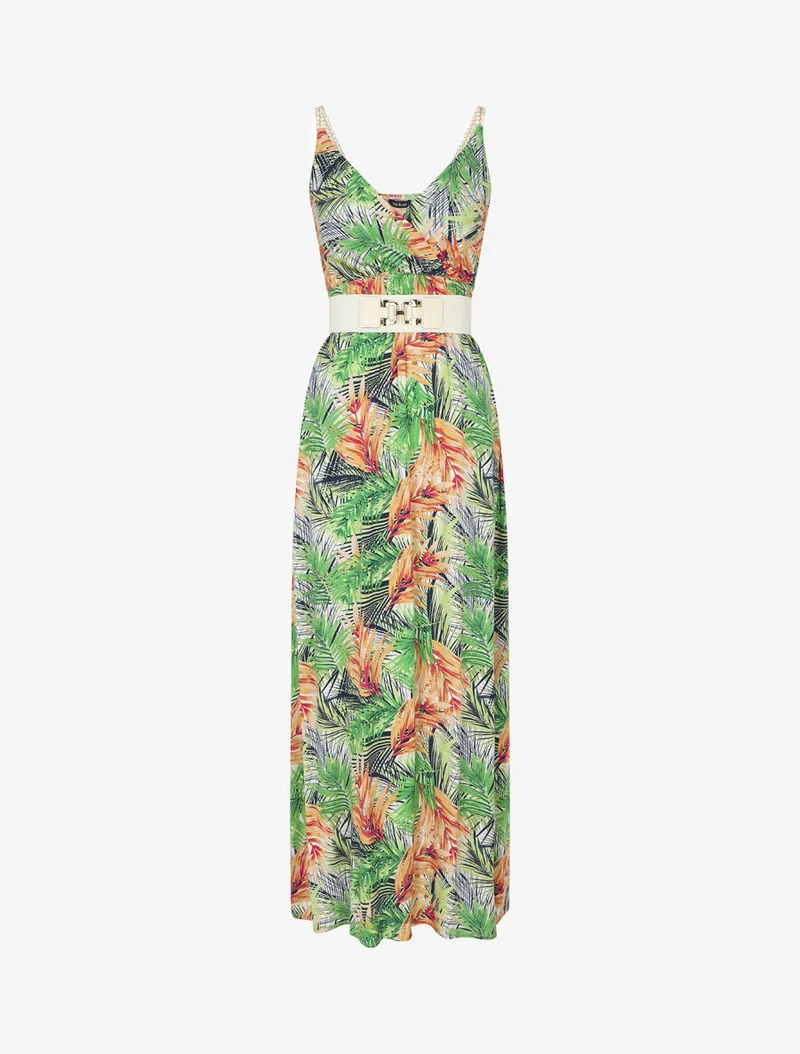 Elastisches langes Kleid mit Blätterdruck - Weiß