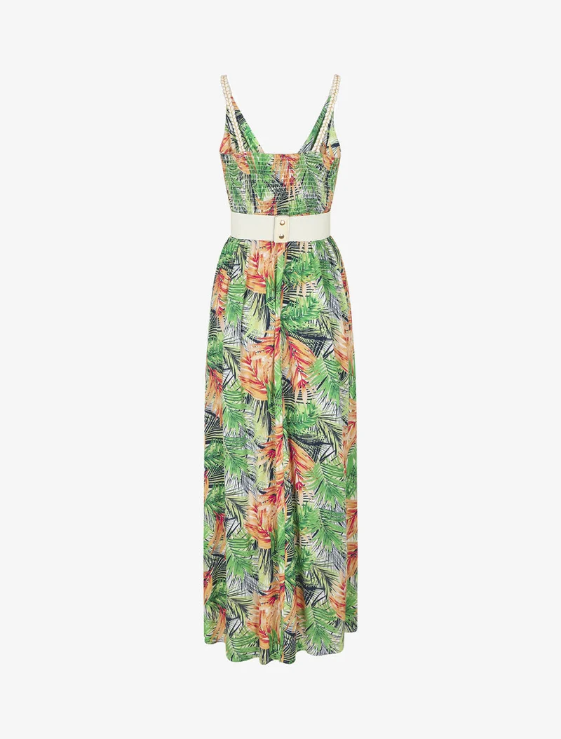Elastisches langes Kleid mit Blätterdruck - Weiß