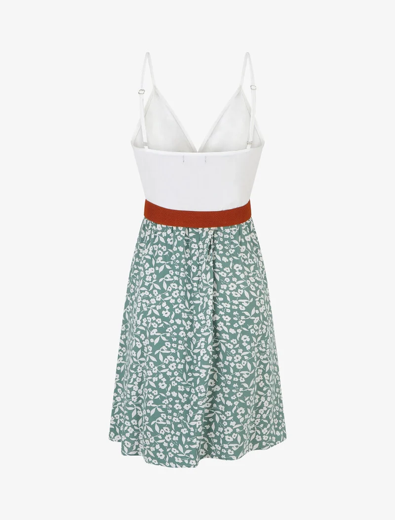 Midikleid mit Blumenmuster und schmalen Trägern - Wassergrün