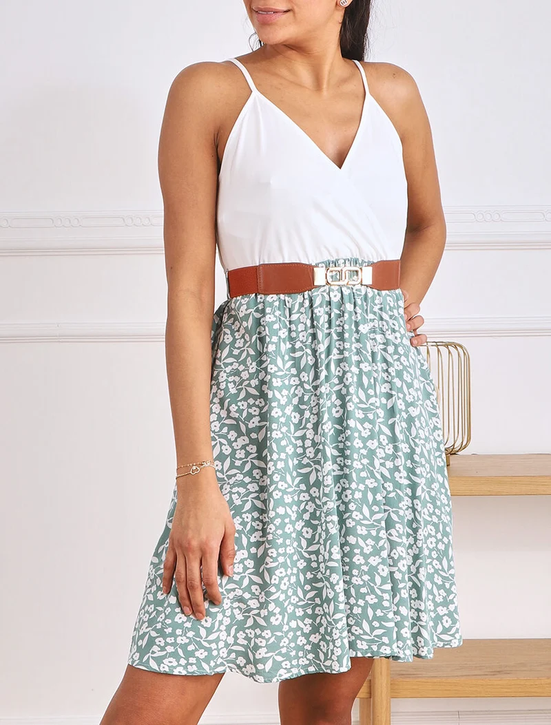 Midikleid mit Blumenmuster und schmalen Trägern - Wassergrün