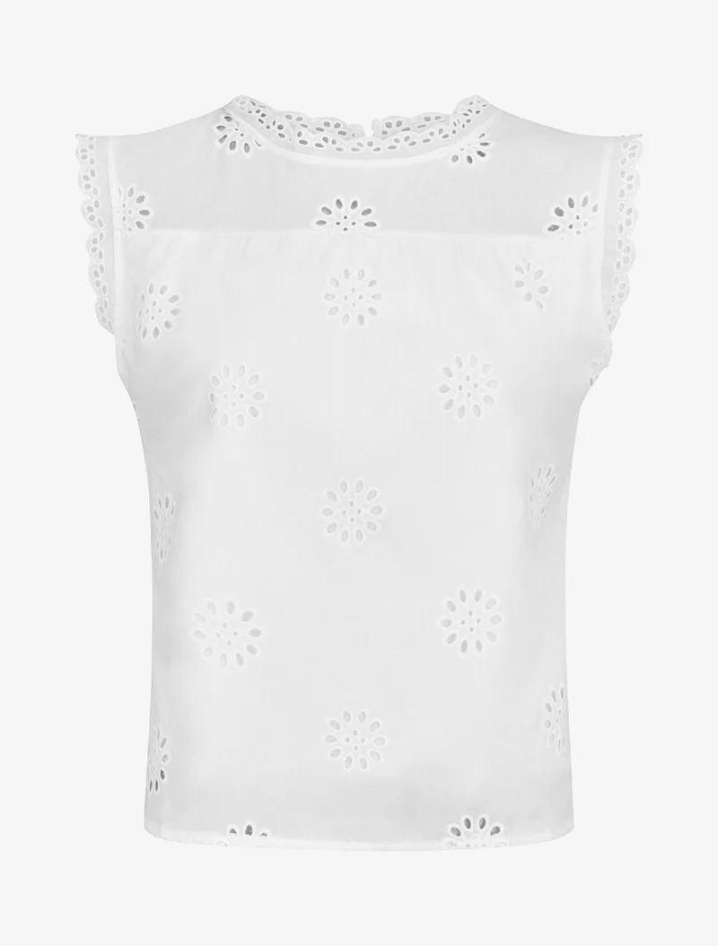 Ärmellose einfarbige Bluse mit Blumenmuster - Weiß