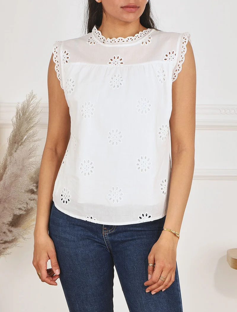 Ärmellose einfarbige Bluse mit Blumenmuster - Weiß