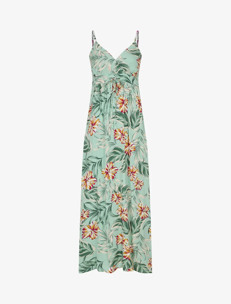 Langes Empire-Kleid mit Inselblumen-Print - Wassergrün