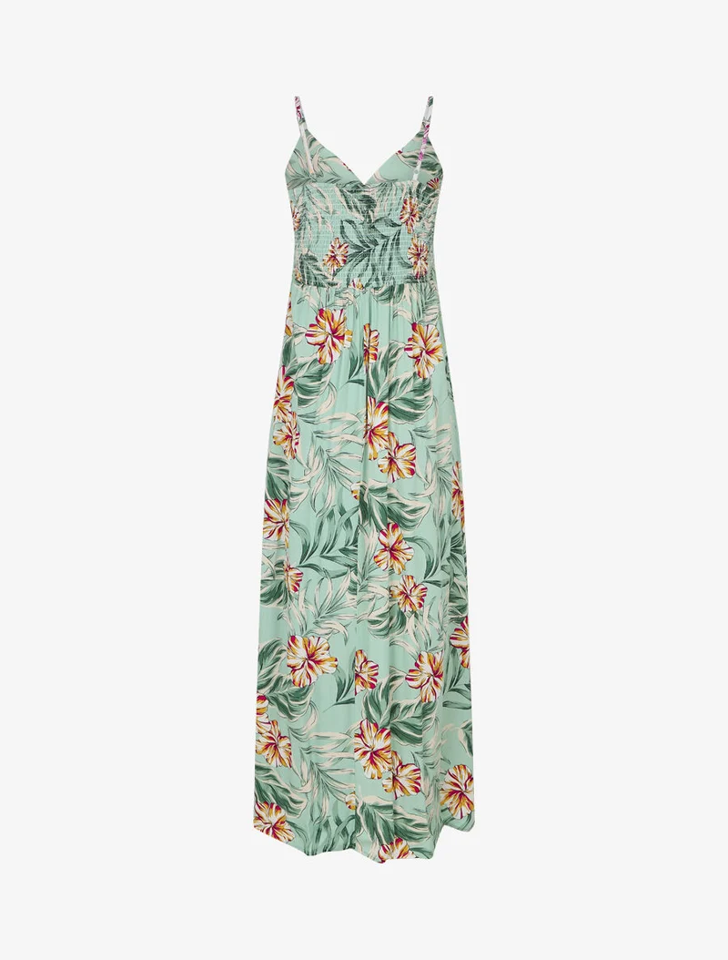 Langes Empire-Kleid mit Inselblumen-Print - Wassergrün