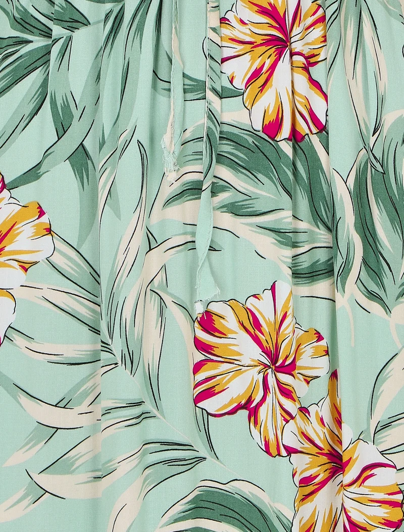 Langes Empire-Kleid mit Inselblumen-Print - Wassergrün