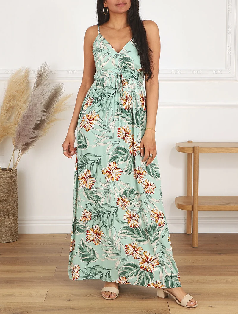 Langes Empire-Kleid mit Inselblumen-Print - Wassergrün