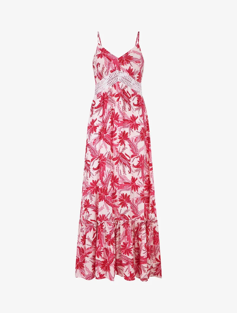 Kleid mit Schaldruck und Volant-Saum - Fuchsia