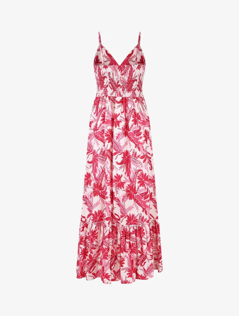 Kleid mit Schaldruck und Volant-Saum - Fuchsia