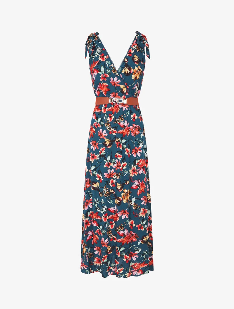 Kleid mit Blumenmuster und V-Ausschnitt - Entenblau