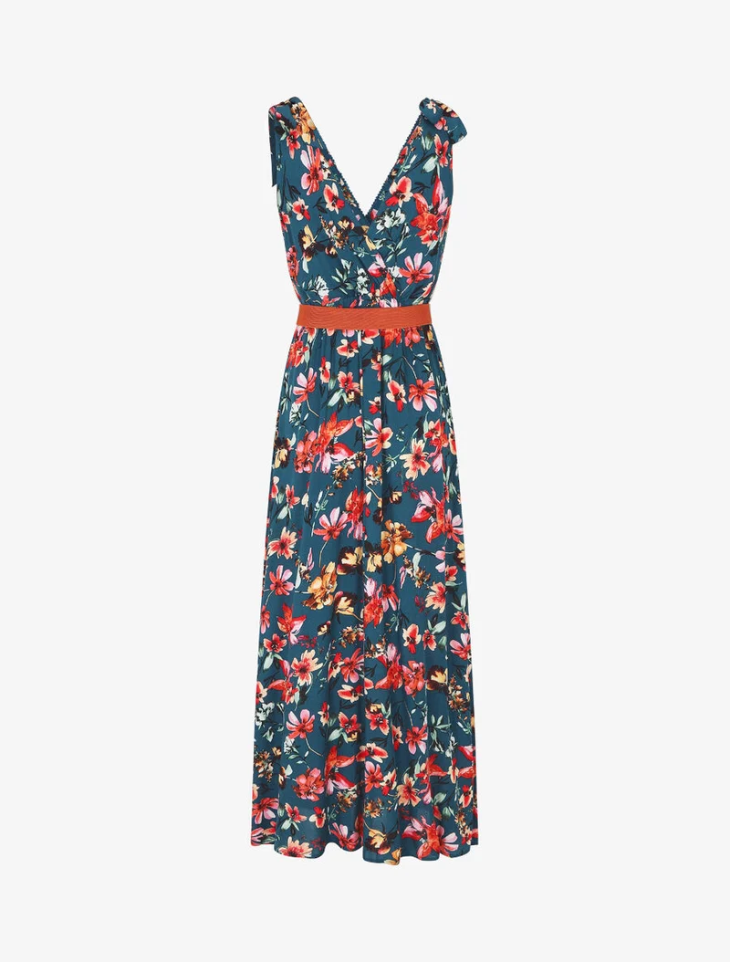 Kleid mit Blumenmuster und V-Ausschnitt - Entenblau